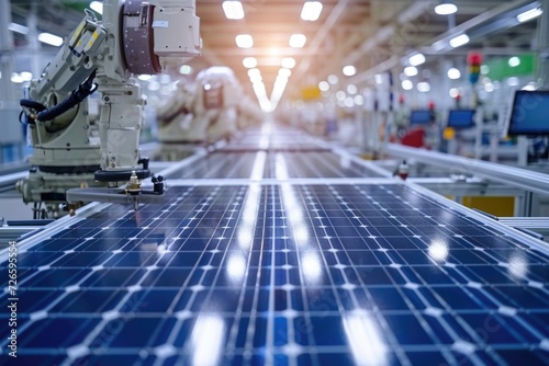 Solar panel assembly line with robot arms in automated factory. photo