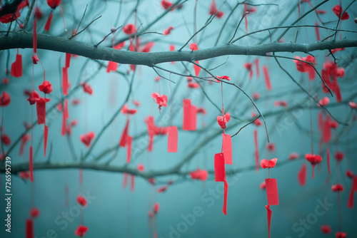 Year of the snake with red paper hanging around branch. Chinese paper cut snake as symbol of year