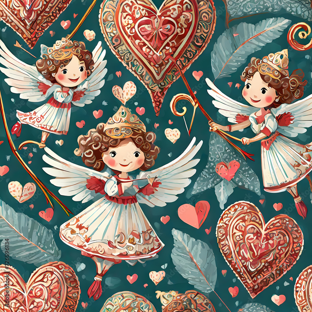 playful pattern with Cupid's arrows, hearts, and cherubs in various poses, spreading love.