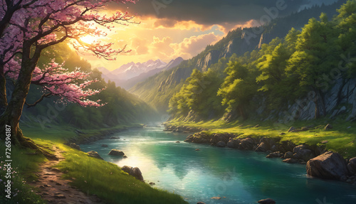 A picturesque landscape of a river flowing through a lush green forest at sunset  with cherry blossoms and mountains in the background