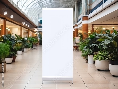 White roll up mockup poster stand in an shopping center