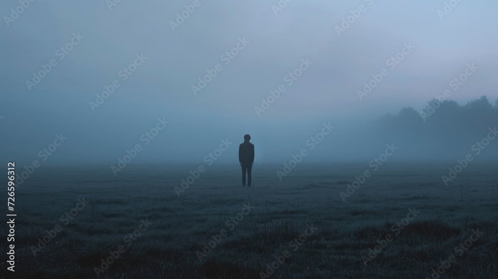Man standing by himself in a field, in the style of mysterious.