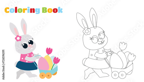 Coloring page. Easter bunny girl in a dress carries a cart with decorative eggs. Festive illustration of happy character in cartoon style.