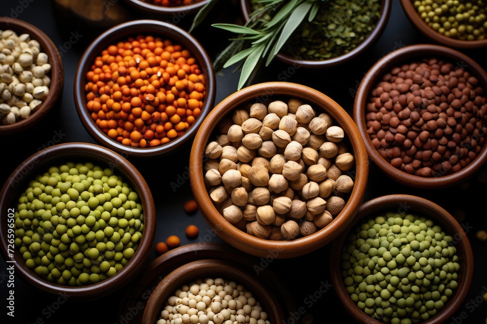 Different raw legumes and spices on dark background. Healthy food selection with fruits, vegetables, seeds, super foods, cereals on gray background