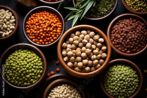 Different raw legumes and spices on dark background. Healthy food selection with fruits  vegetables  seeds  super foods  cereals on gray background