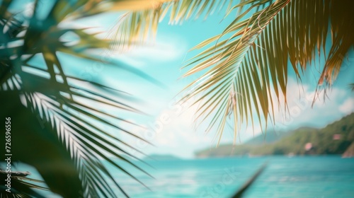Capture the Beauty of a Blurred Frame Framed by Palm Leaves, Crafting an Abstract and Defocused Background Ideal for a Summer Vacation Ambiance.
