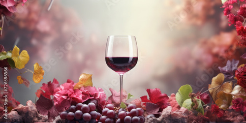 A glass of red wine in spring grape scenery.