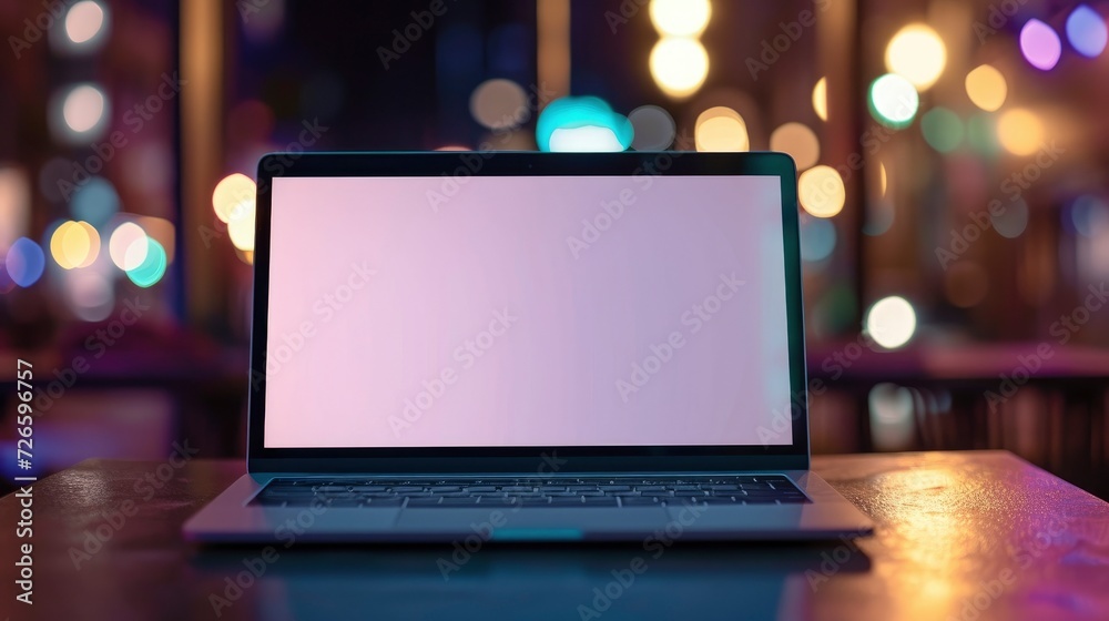 Laptop with a blank screen on a table bokeh background Laptop with a blank screen on a table bokeh background