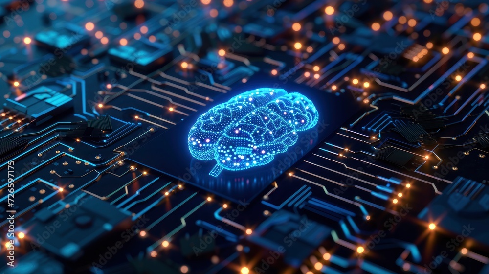 A Visionary Composition of a Brain Overlapping with an Electronic Circuit Board Amidst Futuristic 3D Landscapes and Objects. A Visionary Composition of a Brain Overlapping with an Electronic Circuit Board Amidst Futuristic 3D Landscapes and Objects.