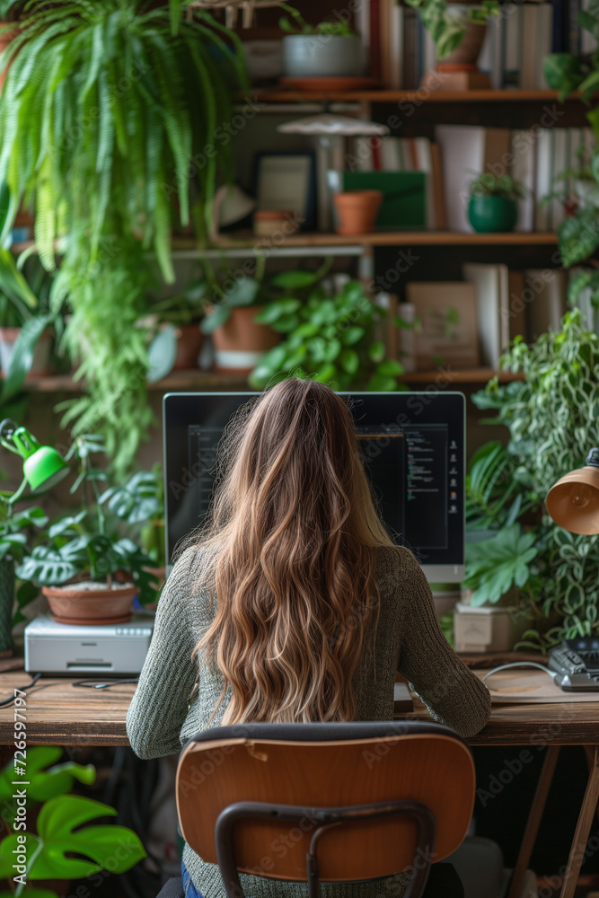 Woman sitting in front of computer in Modern workspace green nature studio green home office .clean power concept Woman sitting in front of computer in Modern workspace green nature studio green home office .clean power concept