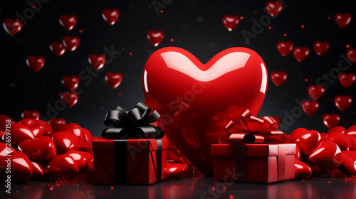 Two gifts in bows boxes and a large glossy heart on a black background with many small hearts.