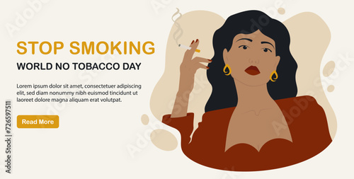 Young woman smoking a cigarette banner. Health checkup vector illustration. World no tobacco day