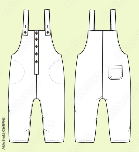 Baby Newborn Dungarees Fashion Flat Sketch with Black and White Outline – Front and Back View Template Mock-up
