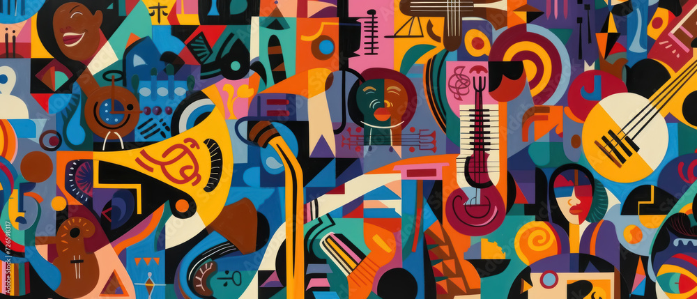 A vibrant abstract mural style wallpaper that celebrates the Harlem Renaissance, blending music, literature, and art. Black History Month concept