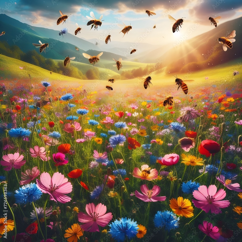 A picturesque scene of a meadow filled with wildflowers of various colors, with bees and butterflies hovering over the blossoms, capturing the essence of a vibrant and lively spring day - obrazy, fototapety, plakaty 