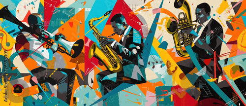 A vibrant abstract mural style wallpaper that celebrates the Harlem Renaissance, blending music, literature, and art. Black History Month concept