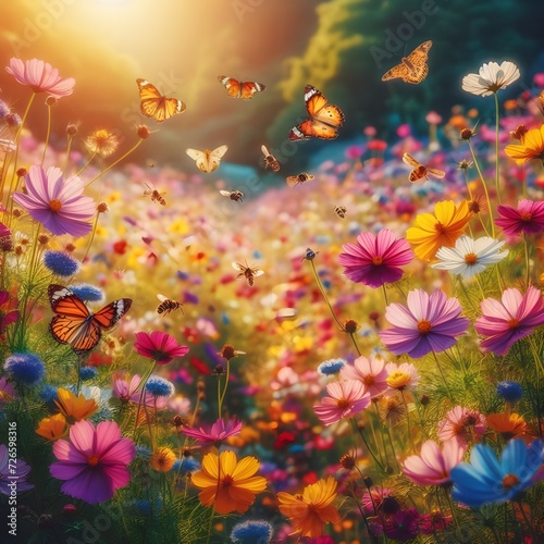 A picturesque scene of a meadow filled with wildflowers of various colors, with bees and butterflies hovering over the blossoms, capturing the essence of a vibrant and lively spring day