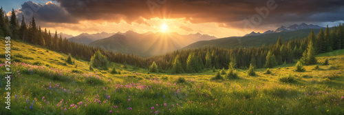 Illustration of a beautiful landscape with flowers and grass and mountains in the background and sun coming through the clouds