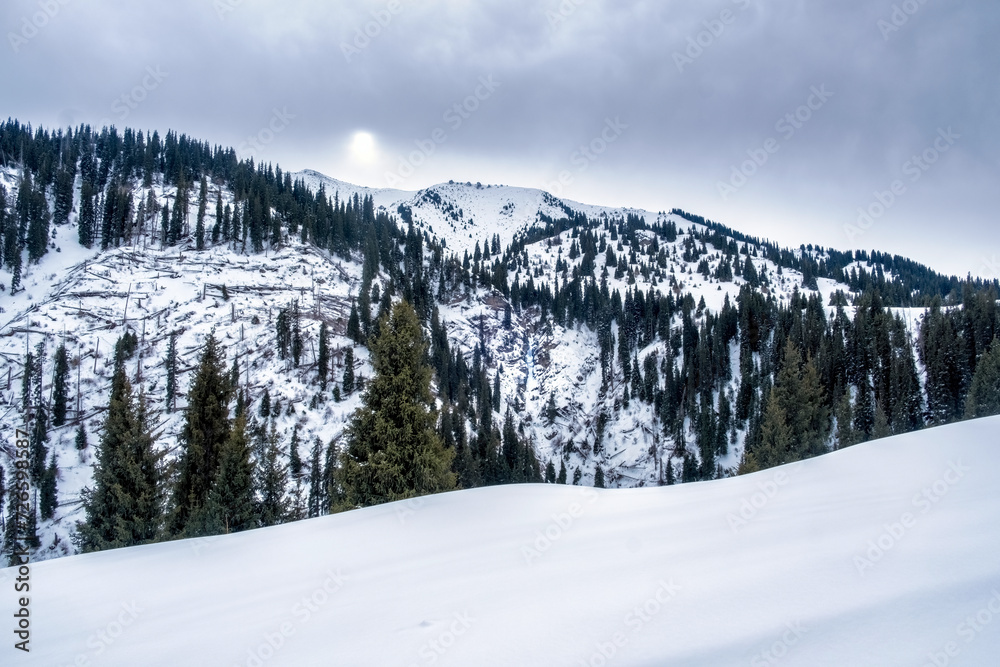 Winter mountain landscape with Hills and forest are covered with snow on the Kok Zhailao plateau in Almaty, Kazakhstan.