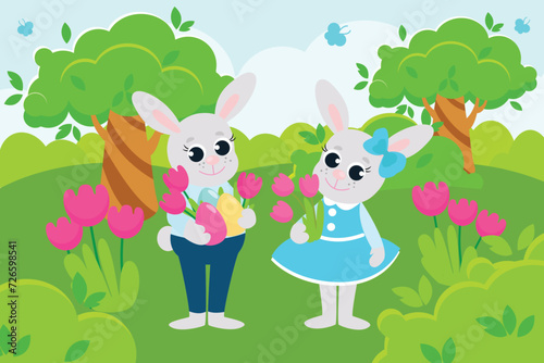 Fototapeta Naklejka Na Ścianę i Meble -  Easter bunnies boy and girl are on a green meadow. The bunnies are happy and will laugh merrily. Scene in cartoon style.