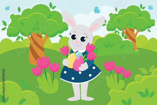 Fototapeta Naklejka Na Ścianę i Meble -  Easter bunny girl in a dress stands in the middle of a green meadow. The bunny is holding decorative eggs and flowers. Illustration of a scene in a cartoon style.