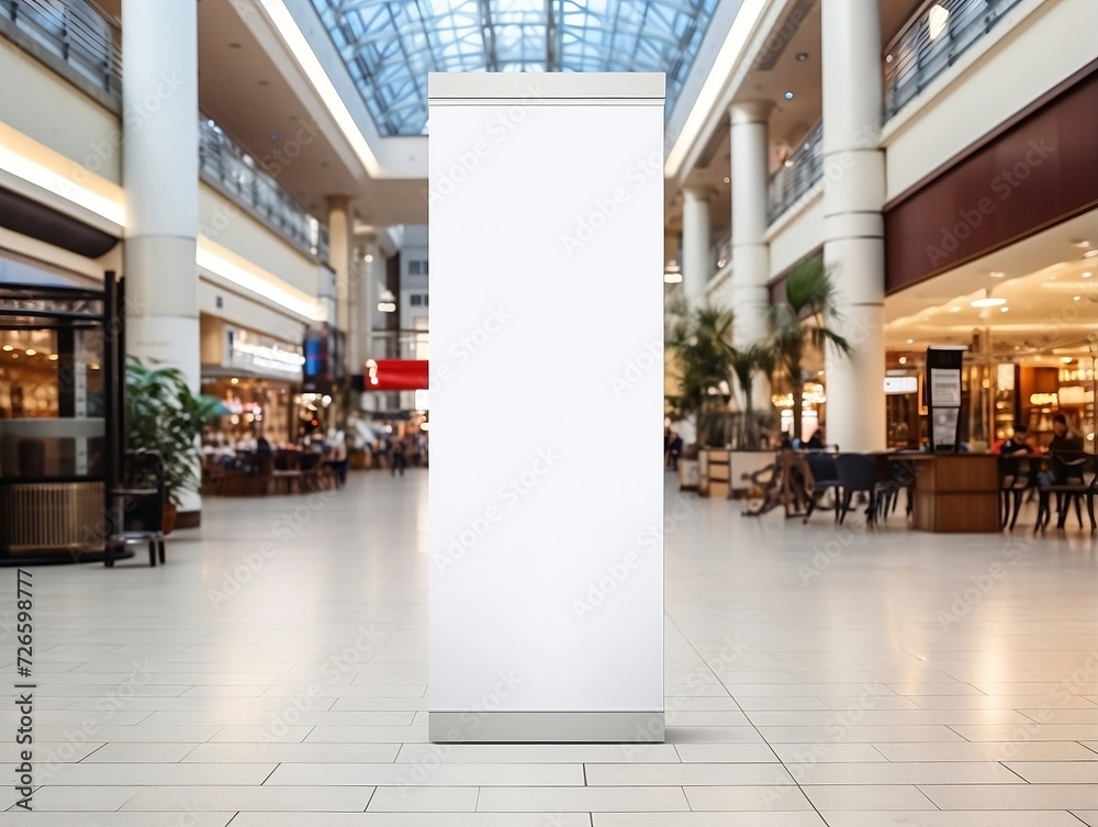 White roll up mockup poster stand in an shopping center White roll up mockup poster stand in an shopping center