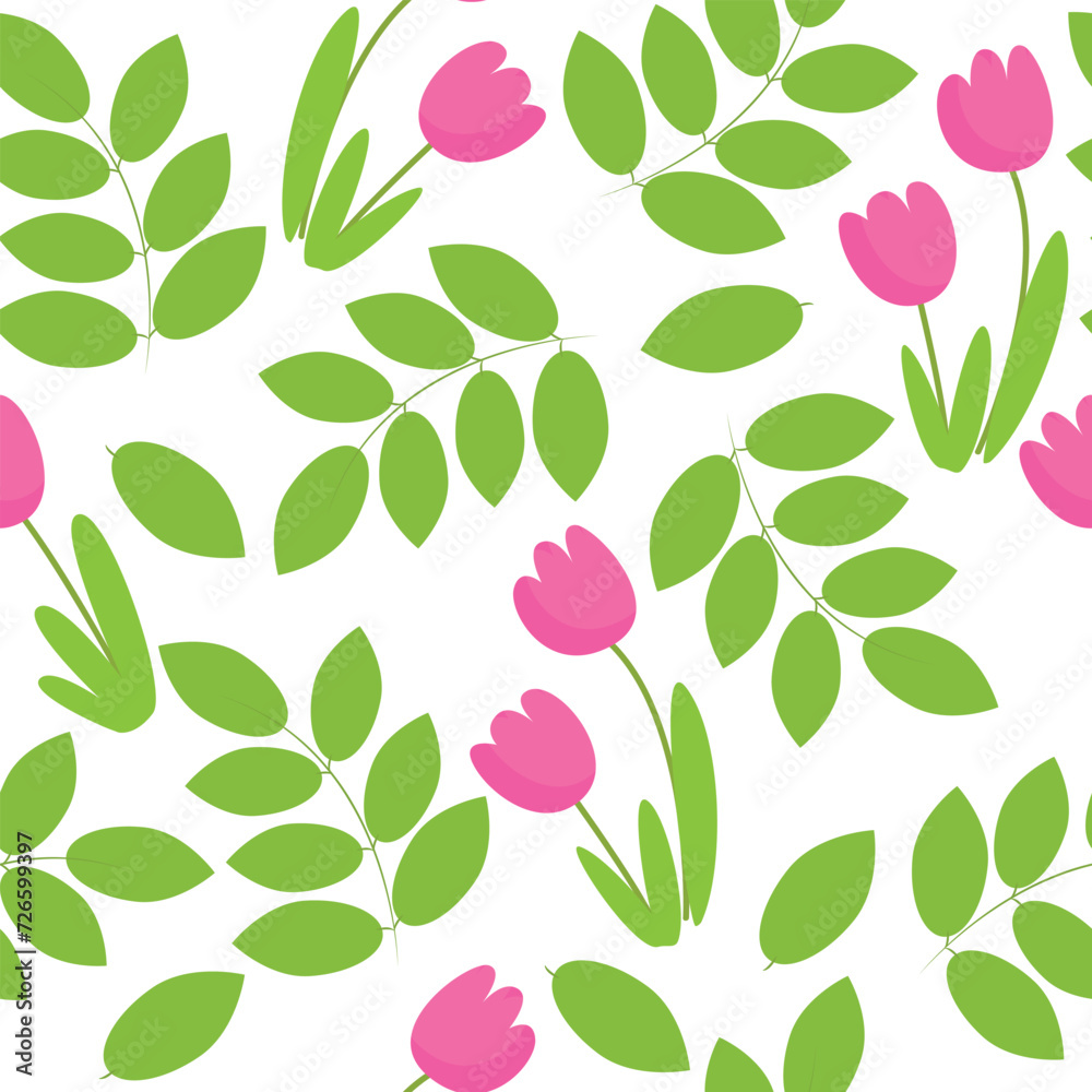 Seamless easter pattern. Pink tulips and green leaves on a white background. Pattern for textiles and backgrounds. Seamless easter pattern. Pink tulips and green leaves on a white background. Pattern for textiles and backgrounds.