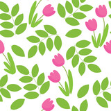 Seamless easter pattern. Pink tulips and green leaves on a white background. Pattern for textiles and backgrounds.