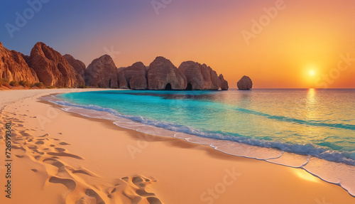 Serene sunset at the beach: scenic landscape with footprints along the water's edge, rocks, and orange sky