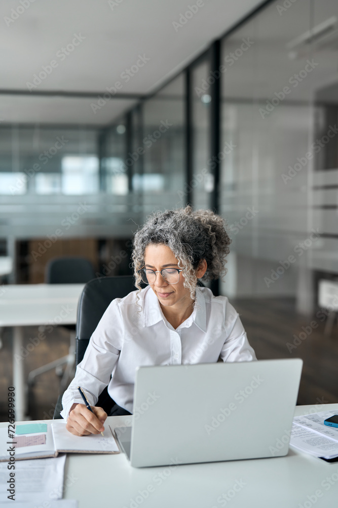 Busy mature middle aged business woman, older senior female professional executive writing notes elearning online working on laptop computer device sitting at desk in office. Vertical shot. Busy mature middle aged business woman, older senior female professional executive writing notes elearning online working on laptop computer device sitting at desk in office. Vertical shot.