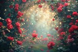 A whimsical backdrop featuring a lush garden overflowing with red roses, pink peonies, and delicate heart-shaped leaves. Climbing vines and sparkling fairy lights can add a touch of enchantment.