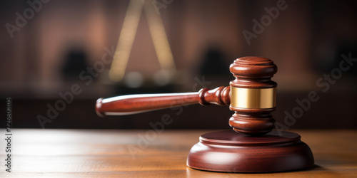 Justice and Law: The Wooden Gavel of Verdict in Courtroom, Symbol of Legal Authority and Punishment