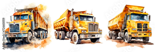 Set of watercolor dump truck  isolated on transparent background