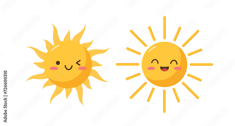 Vector sun icons in Kawaii style. Isolated on a white background. Flat design.	
