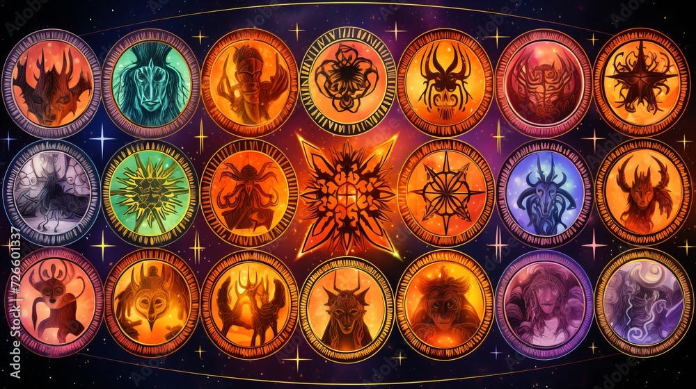 Astrology calendar with zodiac signs on abstract background   esoteric horoscope concept