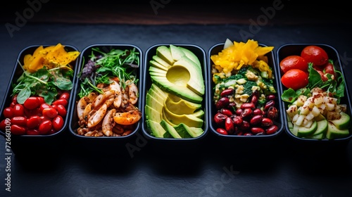 Healthy nutrition lunch boxes  catering service for balanced diet and takeaway food delivery photo