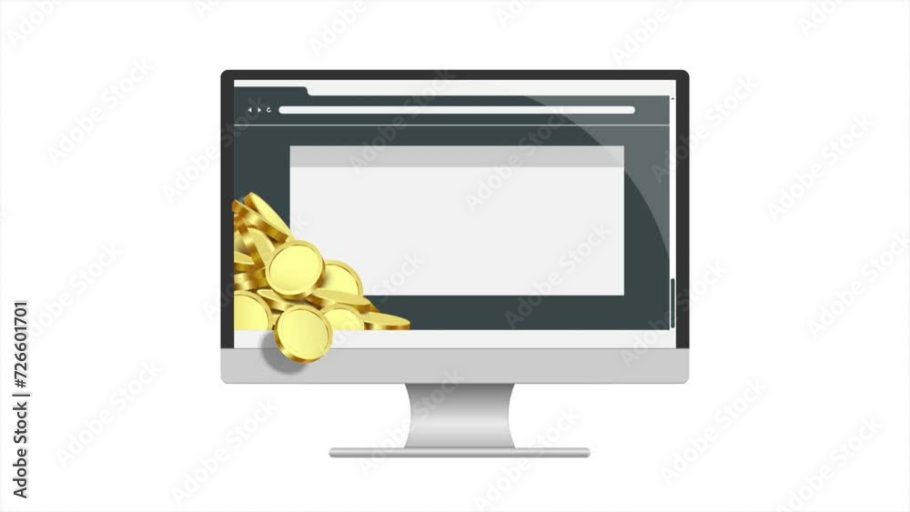 Gold coins or dollar coins are stacked in front of LCD computer screen ...