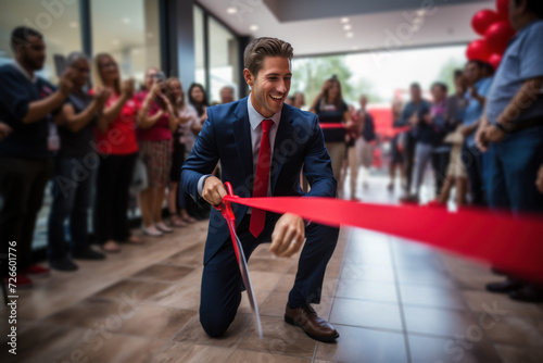 A proud entrepreneur cutting a ribbon at the grand opening of a business, capturing the excitement and fulfillment of achieving a professional dream. Generative Ai.