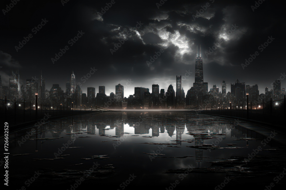 Obraz premium Immerse yourself in the dark and moody atmosphere of a noir-inspired cityscape, where shadows tell tales of mystery and intrigue. Generative Ai.