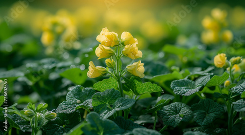 Sunlit green pea yellow flowers blooming over a lush green background, AI generated