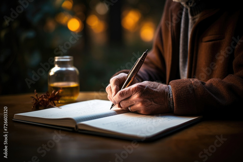 Senior man writing his memoirs, illustrating the process of reflecting on and sharing life experiences. Concept of storytelling and legacy in later life. Generative Ai. photo