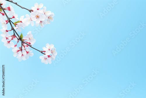 Spring Cherry Blossom. Abstract background of macro cherry blossom tree branch on blue background. Happy Passover background.