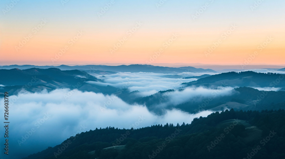 Mountainous Landscape at Sunrise with Fog