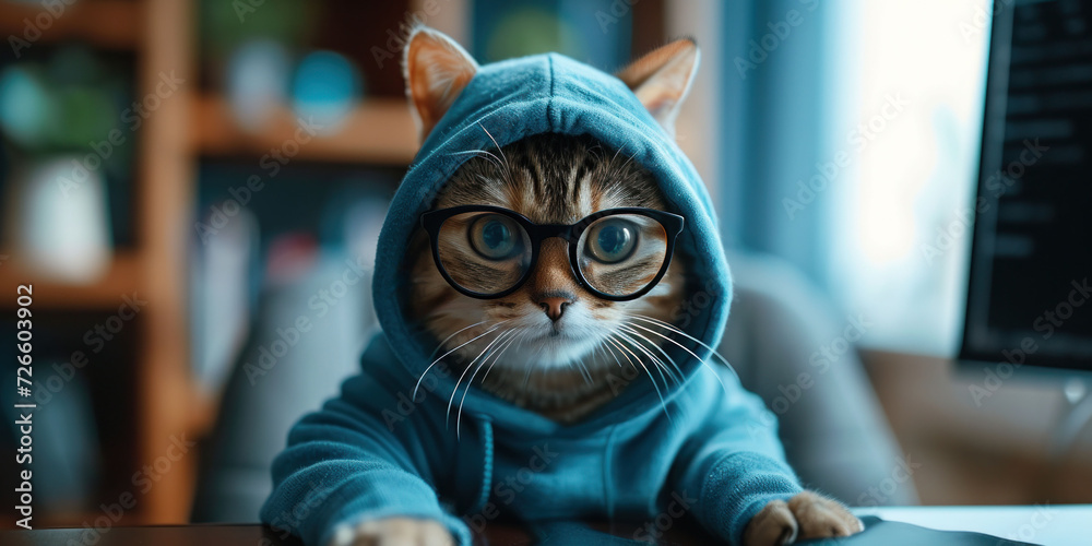 cute cat junior programmer wearing glasses in black frames and a blue sweatshirt sits at the computer