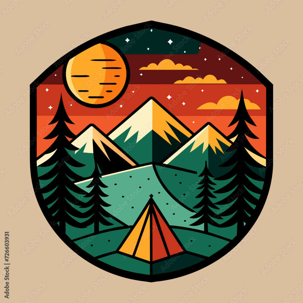 Camping tent in the mountains. Vector illustration in flat style.