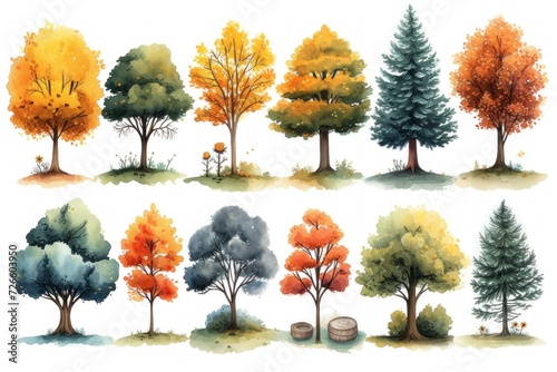 Watercolor Set of trees autumn color palette  © paul