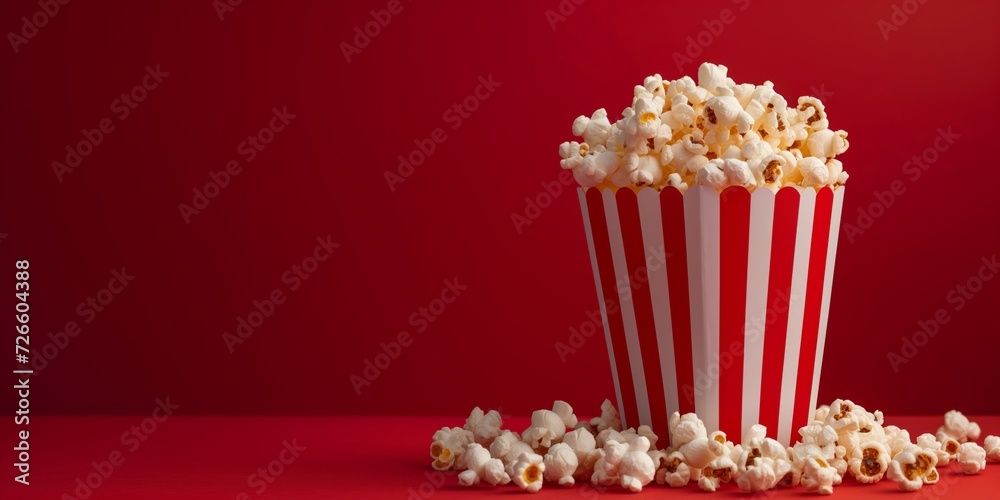 Popcorn paper bucket on red background, banner
