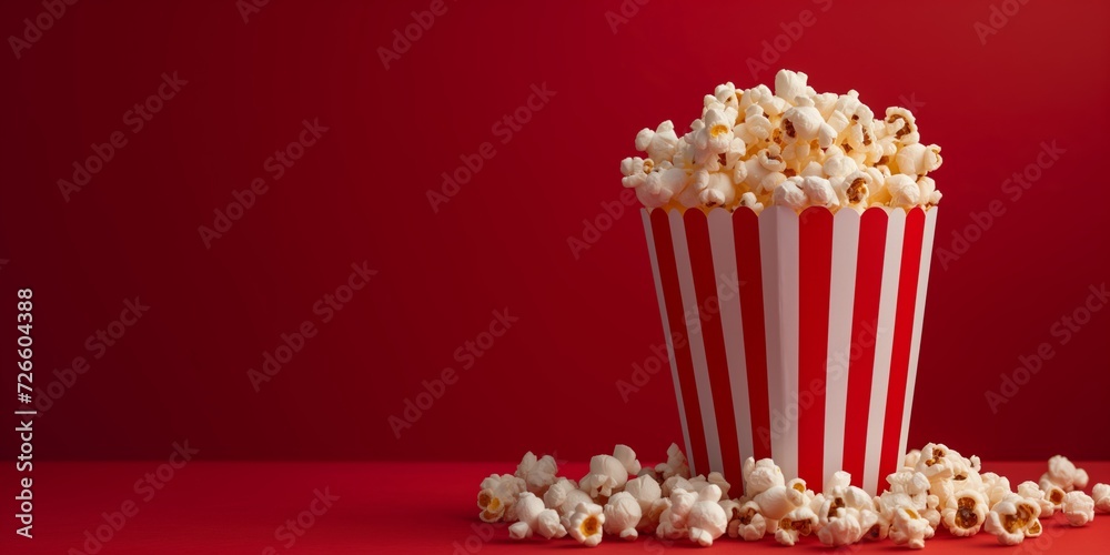 Popcorn paper bucket on red background, banner Popcorn paper bucket on red background, banner