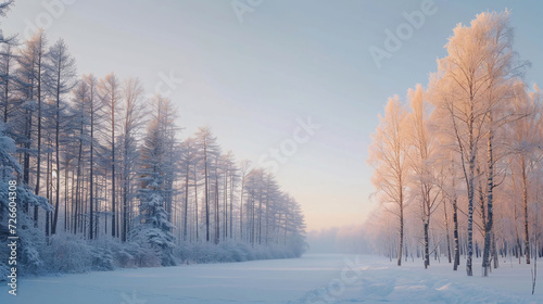Winter Snow Forest at Sunrise