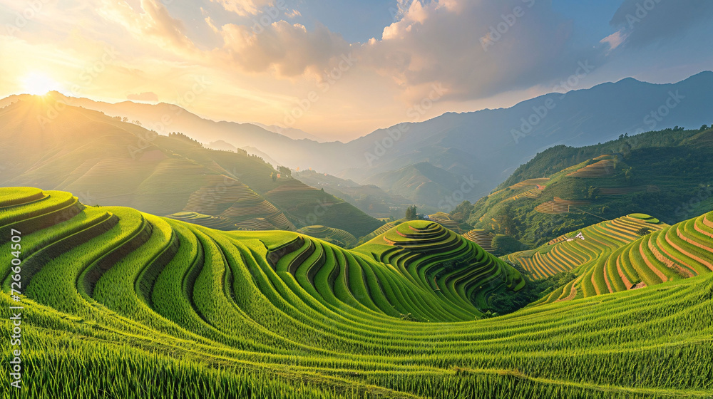 Sunrise over Green Terraced Fields in a Mountainous Landscape Sunrise over Green Terraced Fields in a Mountainous Landscape